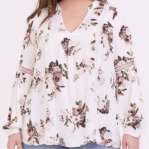 Torrid | White & Floral Eyelet Cut-Out V-Neck Long Sleeve Peasant Top 1X Plus